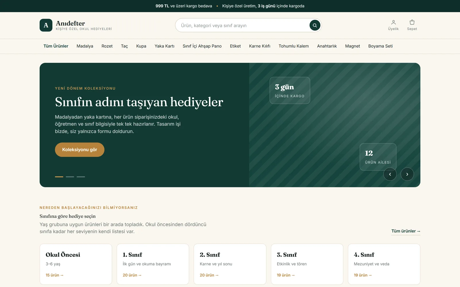 E-ticaret prototipinin ana sayfası: kategori menüsü, kampanya kartı ve sınıf seviyesine göre hediye seçme bölümü.