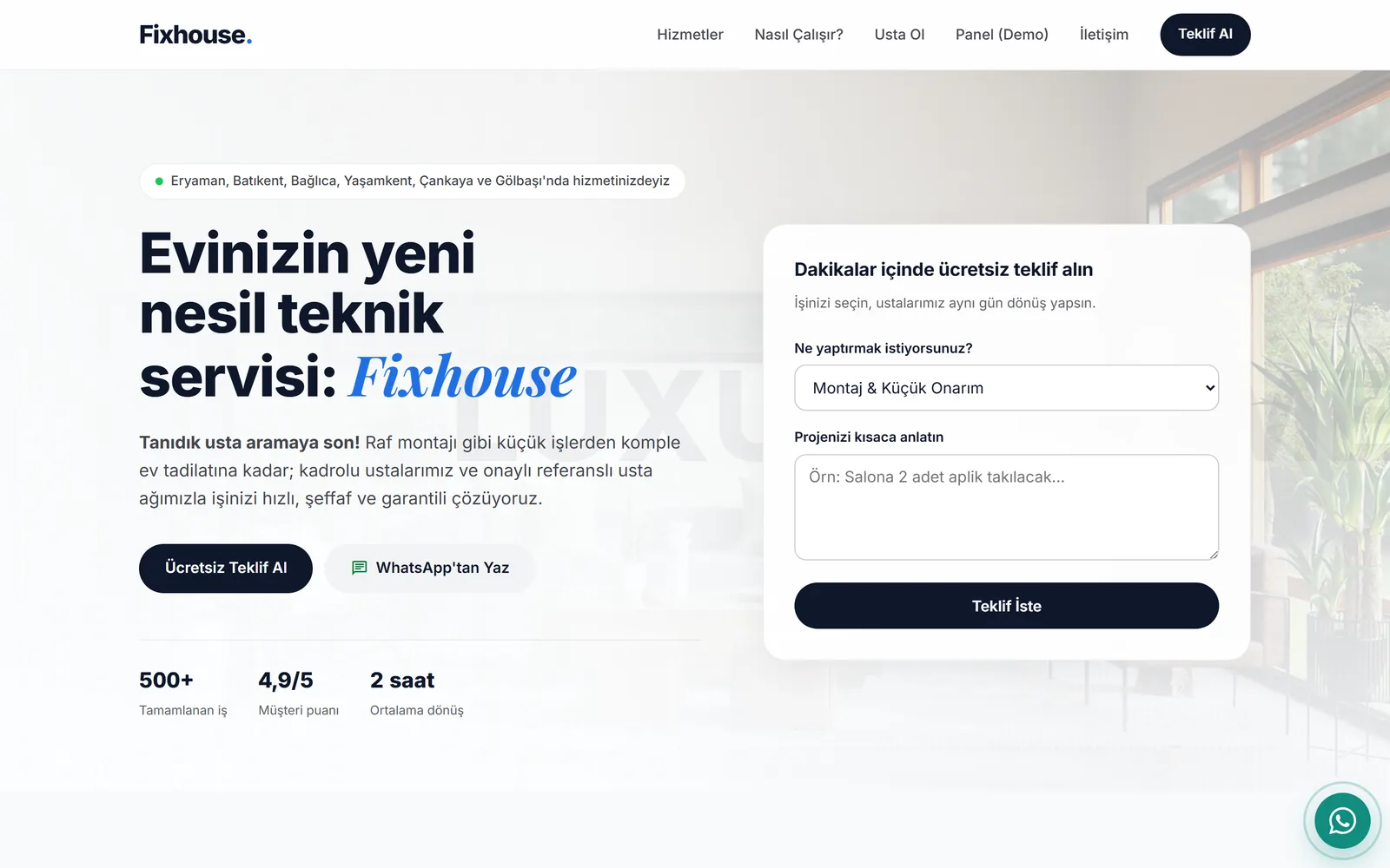 Ev tadilat ve usta platformunun masaüstü arayüzü: talep formu ve hizmet listesi.