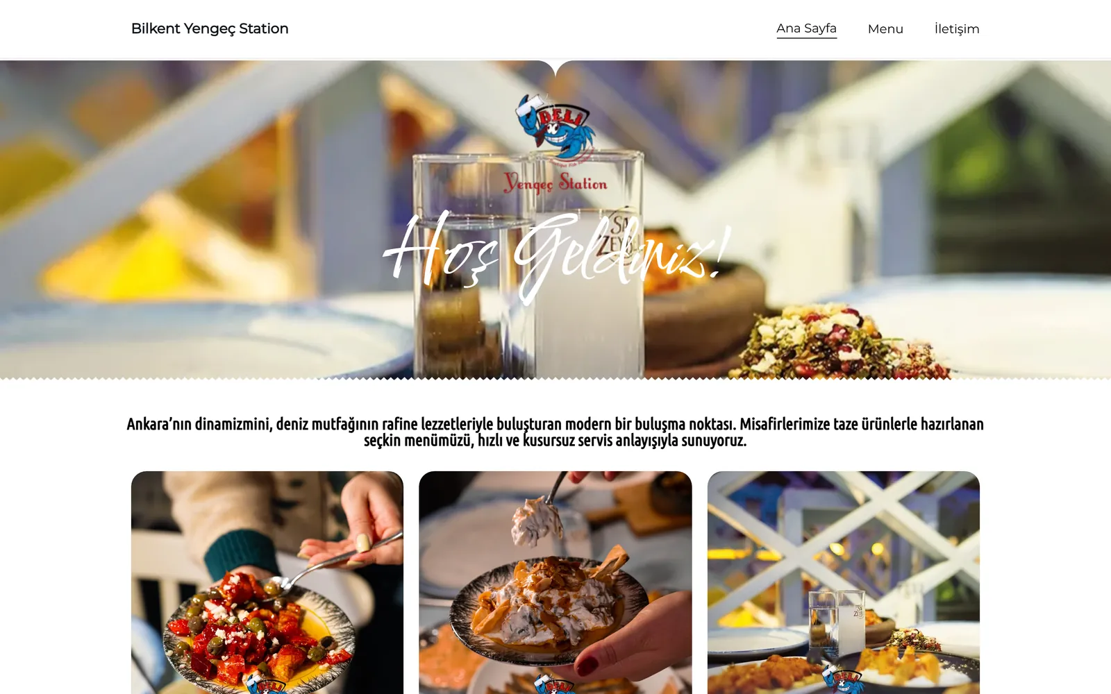 Deniz ürünleri restoranı sitesinin açılış ekranı: masa üstü fotoğrafı üzerinde el yazısı karşılama başlığı, mekânın maskot logosu ve üst menü.