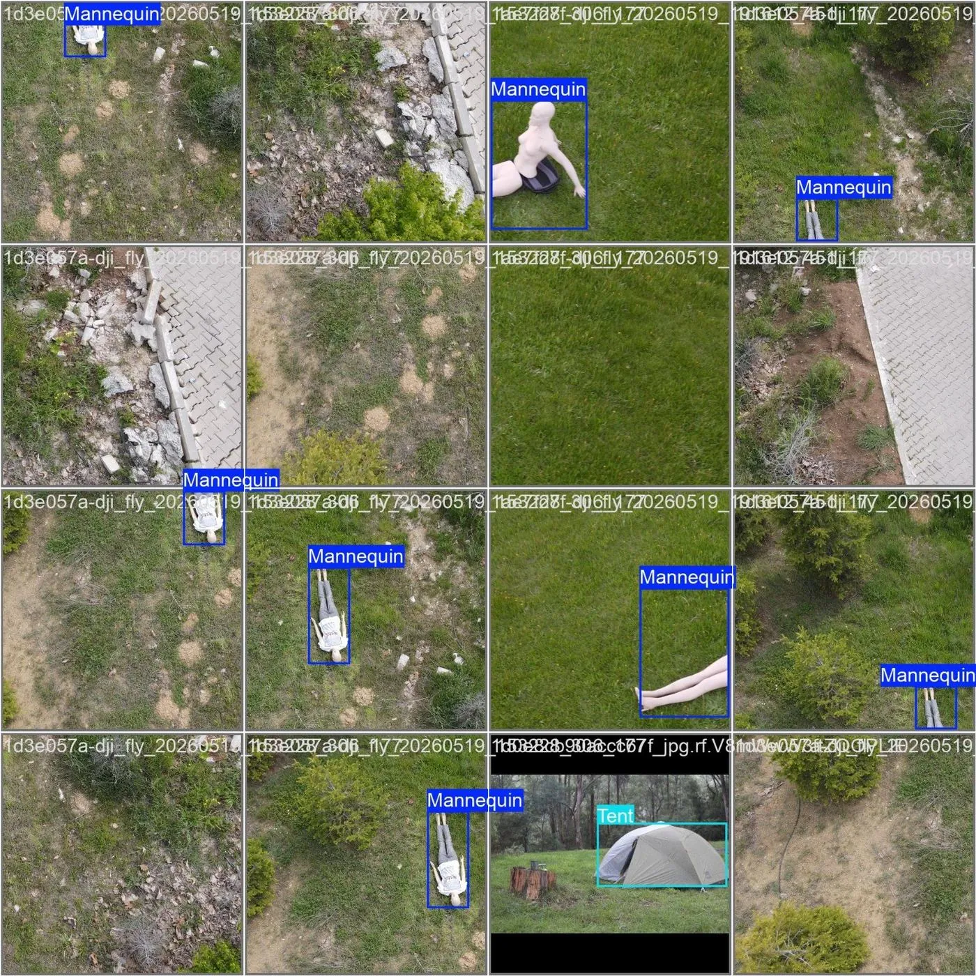 Veri setinden örnek karo ızgarası: drone karelerinde manken ve çadır etiketleri renkli kutularla işaretli, aralarında bilinçli olarak eklenmiş nesnesiz arka plan karoları.
